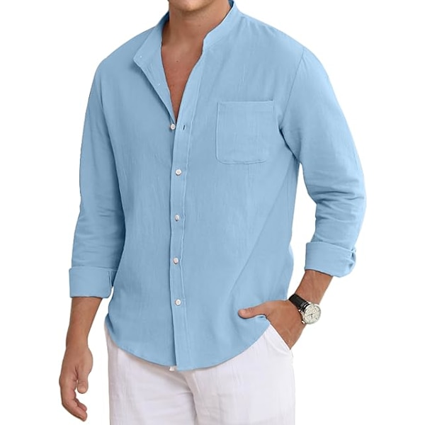 Menn Casual Bomullslin Skjorter Lang Erme Knapp Ned Skjorter med Lomme Light Blue XL