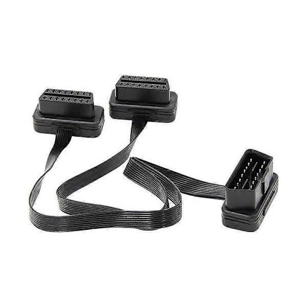 OBDII Forlængerkabel Dobbelt Y Adapter OBD OBD2 16 Pin Han til Hun Stik Flad + Tynd til [DB] Sort