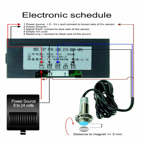 4 Digital LED Tachometer Omdrejningstæller + Hall Sensor DE