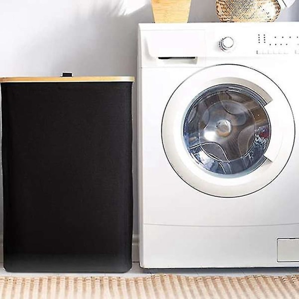 Vasketøjskurv med låg, sort vasketøjskurv med aftagelig vasketøjspose - Vasketøjssortering til bad