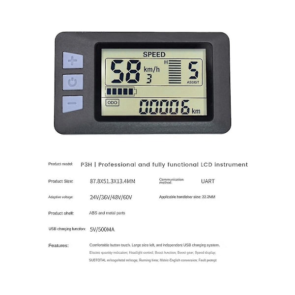 P3h Lcd-skärmmätare Instrumentpanel 24v-60v Elektrisk cykelmätare Displaypanel för elektrisk skoter(sm P