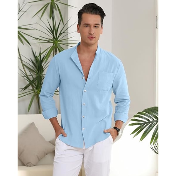 Menn Casual Bomullslin Skjorter Lang Erme Knapp Ned Skjorter med Lomme Light Blue XL