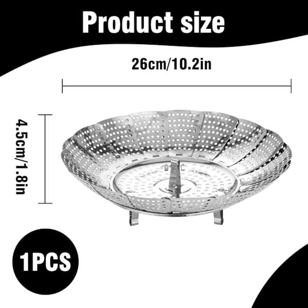 1 stk. Sølv Dampkoger Foldbar, Grøntsagsdampkurv Rustfrit Stål Justerbar Foldning (6\" til 10,5\")
