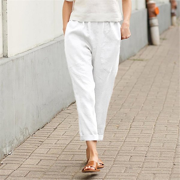 Damebukser Sommer Casual Solid Afkortede Bukser Med Lommer White M