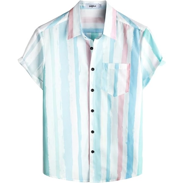 Randiga sommarskjortor för män Casual Button Down Kortärmade Strand Snygga skjortor Blue Pink S