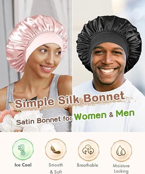 Silke Bonnet til sovende kvinder Satin Bonnet Hårindpakning med elastisk bredt bånd Sovehætte til krøllet hår Nathue