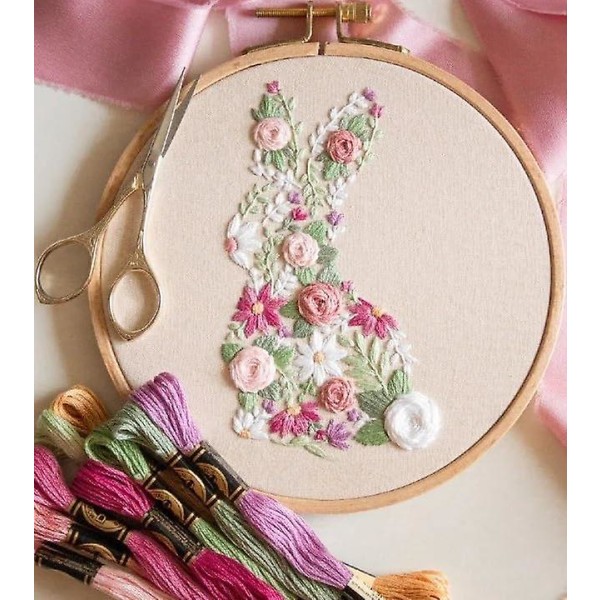 Bunny in Bloom Påskbroderikit, 2024 Nya Påskkanin i Blom Broderikit för Nybörjare, DIY Hand Broderad Påsk Korsstygn Stjärna