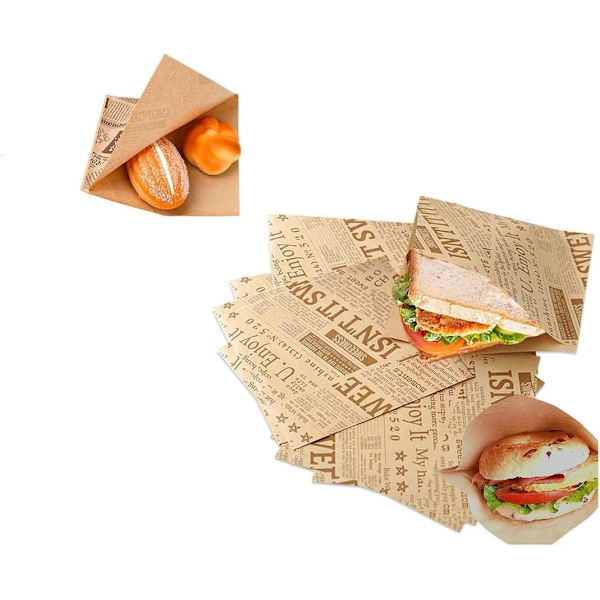 100 ark kraftpapper hamburgerpåsar, fettsäkra triangulära smörgåspåsar