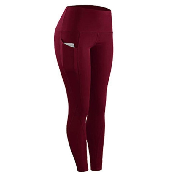 Kvinder Casual Slim Fit, højtaljede almindelige leggings Sports Yoga Ankellange bukser med lommer Wine Red 2XL
