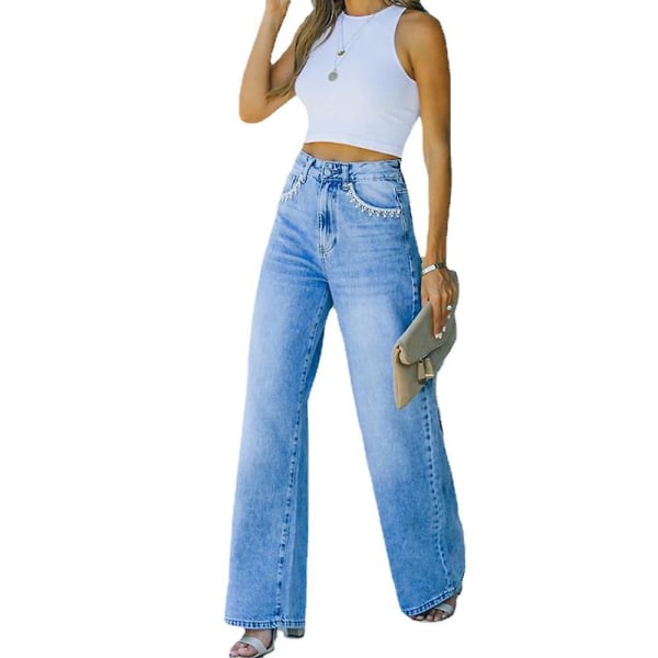 Kvinnor vida ben jeans Blommiga fickor Byxor Denim Byxor L