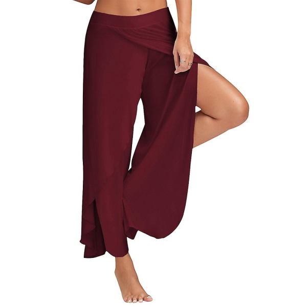 Plus-koon naisten casual löysät, tavalliset joogahousut, sivulta halkaistut hengittävät urheilukuntosali pilateshousut Wine Red 3XL