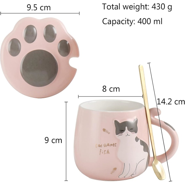 Sød kattekop i keramik med sødt kattepote låg og rustfri stålske - specielt sæt 400 ml/13,5 oz