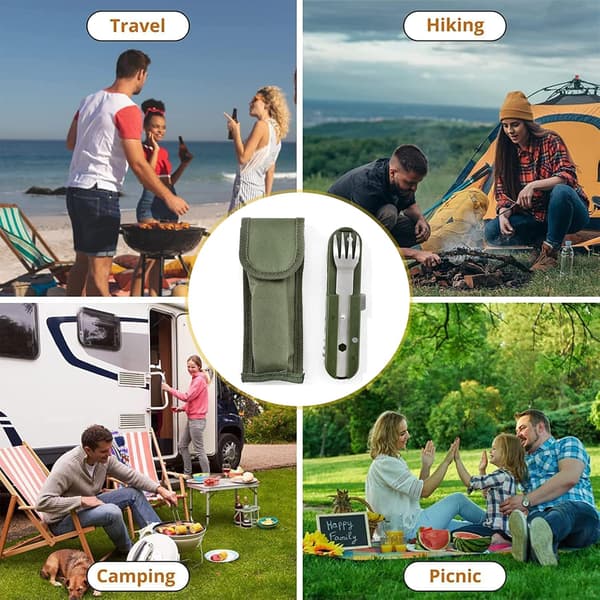 5-i-1 sammenleggbart bestikk i rustfritt stål, multifunksjonelt campingbestikk, reisebestikk, utendørs camping - avtakbart