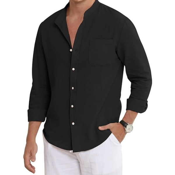 Casual bomullslinneskjortor för män Långärmade Button Down-skjortor med ficka Black 4XL