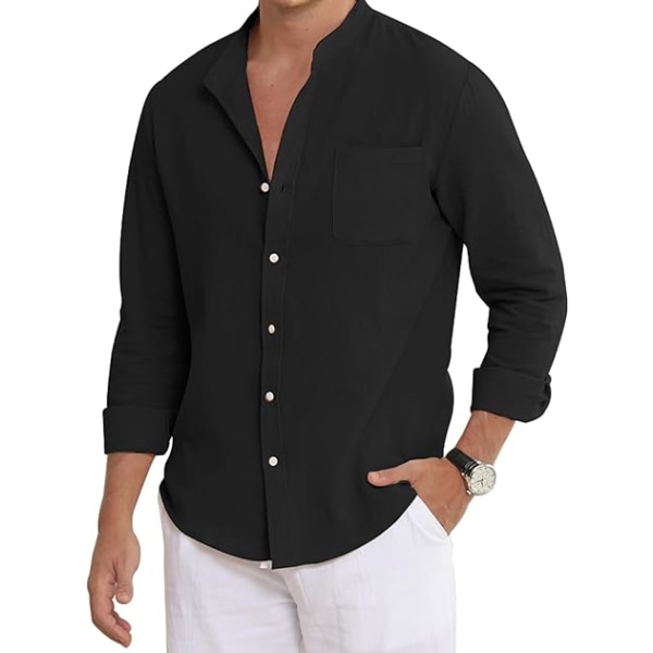 Casual bomullslinneskjortor för män Långärmade Button Down-skjortor med ficka Black L