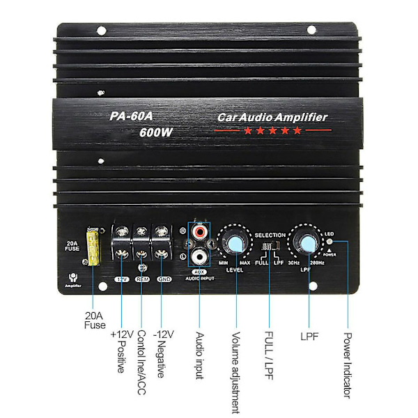 12V 600W Autonvahvistinlevy Pa-60a Subwoofer-piirimoduuli Auton tehovahvistin, musta