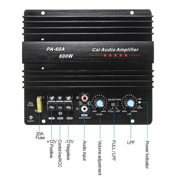 12V 600W Bilförstärkarkort Pa-60a Subwoofer Kretsmodul Bilströmsförstärkare, svart