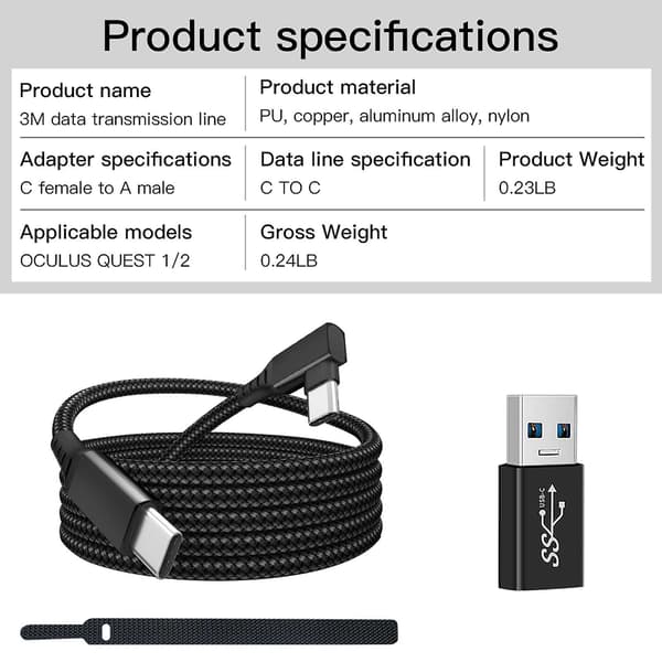 Datakabel för Laddning och Överföring för Oculus Quest 2 Link USB 3.1 Typ C USB-A till Typ-C Kabel