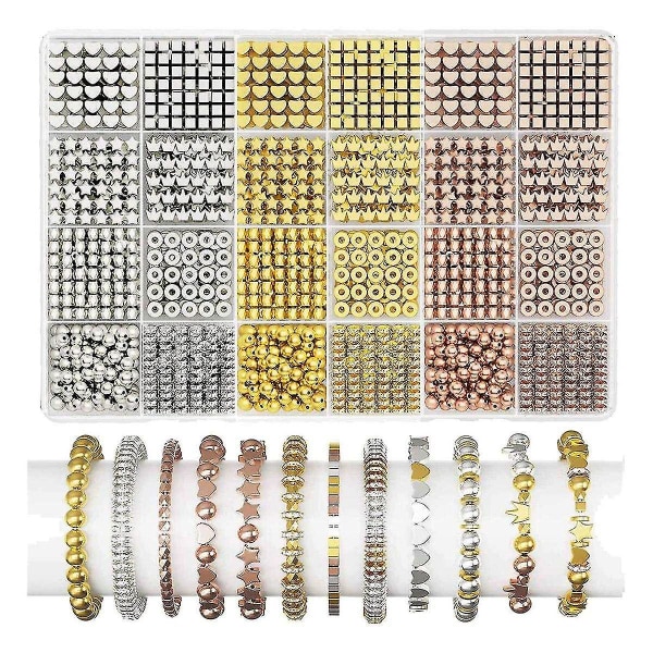 Gullperler for å lage smykker, armbånd, 1740 stk. 8-stiler Spacer Beads Kit for armbåndfremstilling, Rou