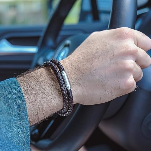 Læderarmbånd til mænd | Ægte læder flettet armring med magnetlås