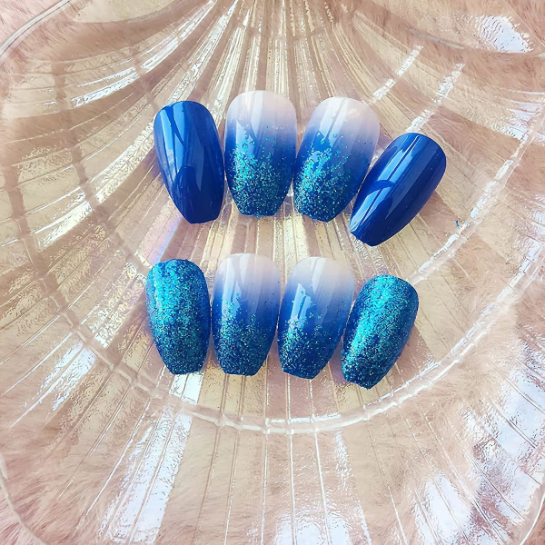 Medium kista tryck på naglar, blå gradient falska naglar, glitter konstgjorda lösnaglar med dubbelsidig klister