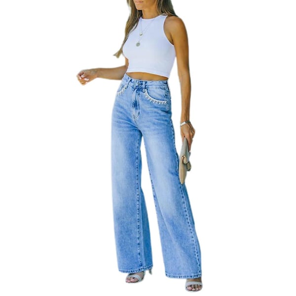 Kvinder brede ben jeans Blomsterlommer Bukser Denimbukser XL