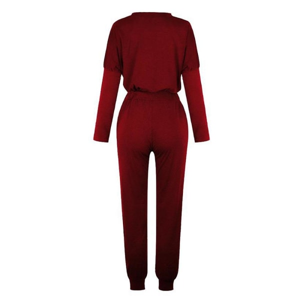 Dame Casual Plain Outfits T-shirt Tops + Elastisk Snøreliv Jogging Sweatpants Bukser Loungewear Sæt Wine Red M