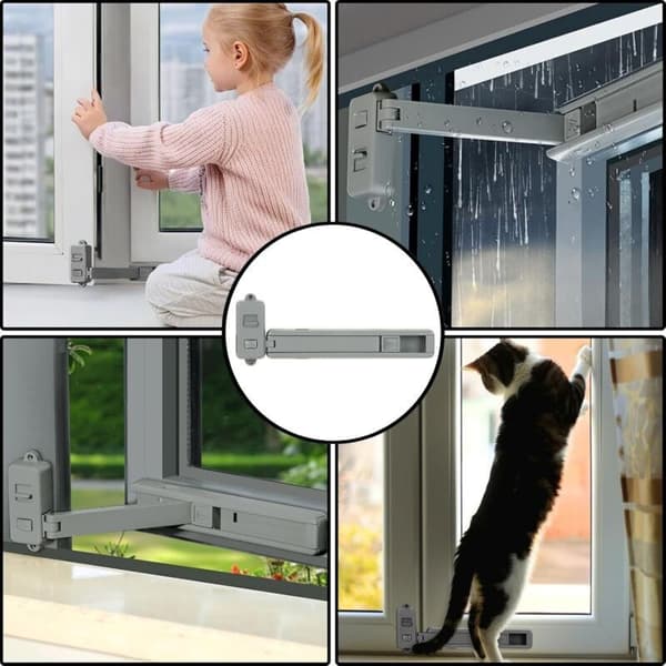 Vindusbegrenser. Vindusbegrenser uten boring. Barnesikker vindussikring. Kattsikker vindusbeskyttelse. (Grå)