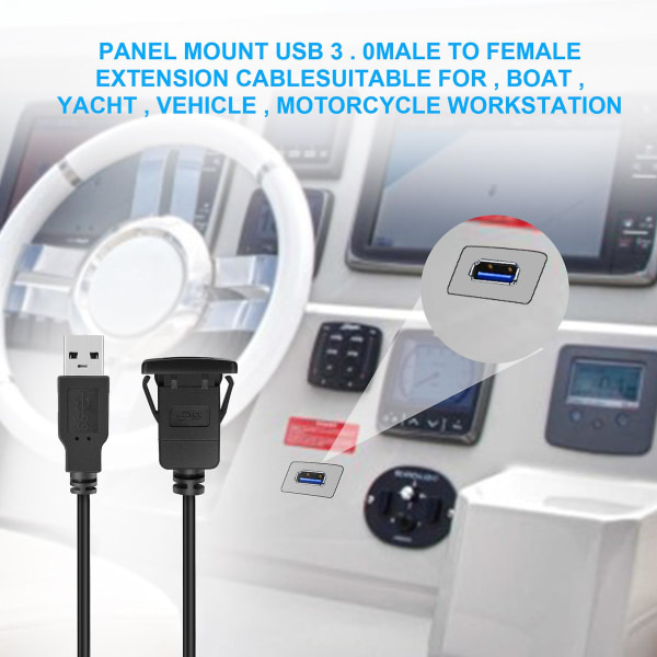 1 m uttagskabel USB 3.0 Auto Car Flush Mount hane till hona förlängningssladd Instrumentbräda Panel Square A
