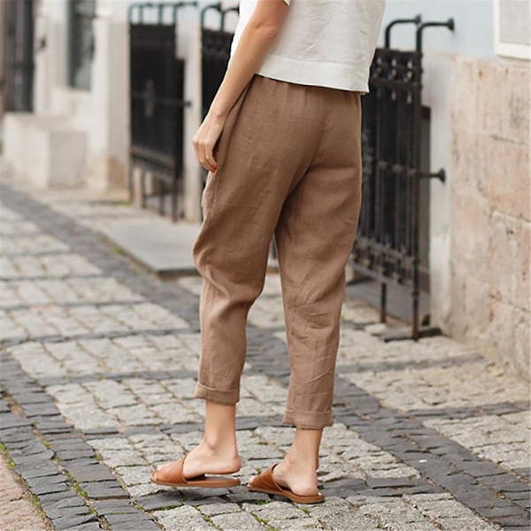 Kvinder Bukser Sommer Casual Solid Cropped Bukser Med Lommer Khaki XL