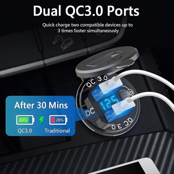 Quick Charge 3.0 Dual USB -autolaturi, jossa volttimittari ja on/off-kytkin, 36w 12v USB pistorasia pikalataus