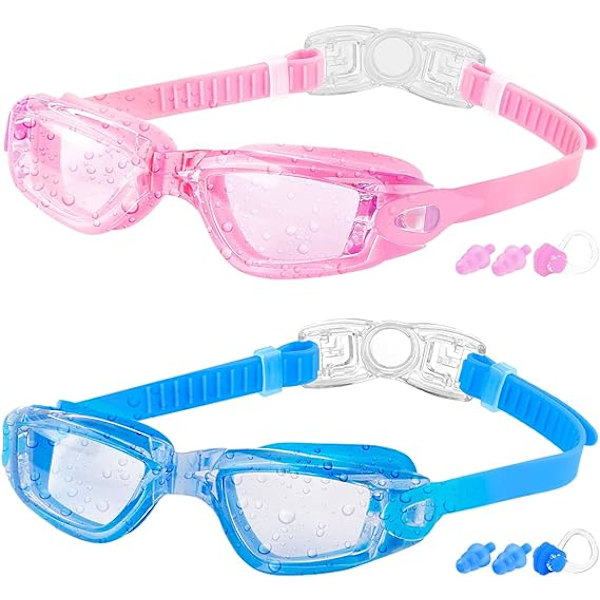 Simglasögon för barn, 2-pack kristallklara simglasögon för barn, pojkar, flickor och tonåringar 3-16 år, anti-dimma, vattentäta, vattentäta pink and blue