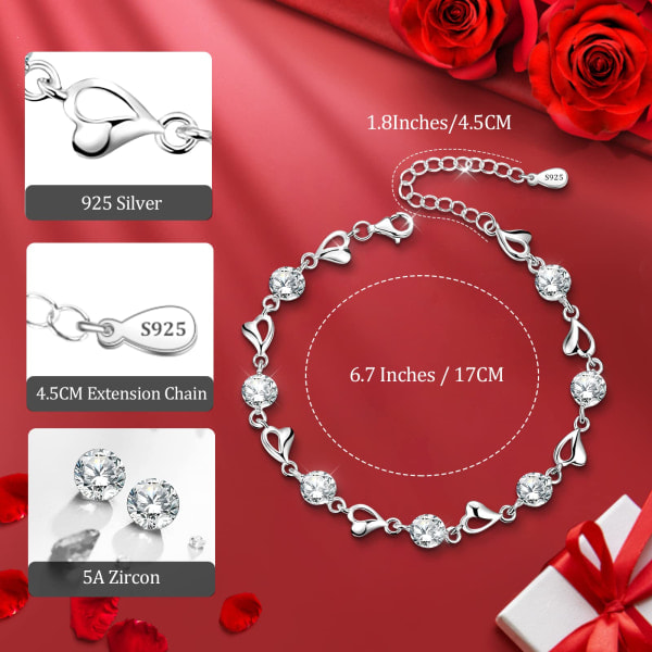 Silverarmband för kvinnor, 925 Sterling Silver Hjärtarmband Vänskap Kristallarmband Zirkonia Justerbart Damarmband, Morsdagspresent