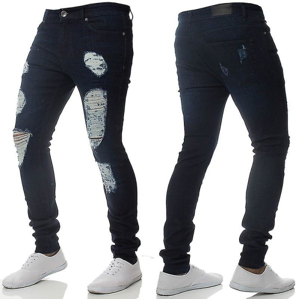 Mænd Skinny Ripped Jeans Bukser Stretch Slim Fit Denim Bukser Dark Blue M