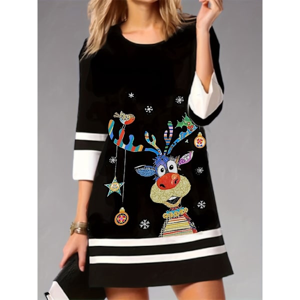 Plus Size Julekjole til Kvinder - Reindeer Print, Tre Kvarte Ærmer, Rund Hals, Let Stræk
