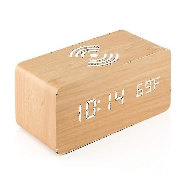 Digital väckarklocka i trä med trådlös laddning, justerbar ljusstyrkedimmer och larmvolym (bambu)