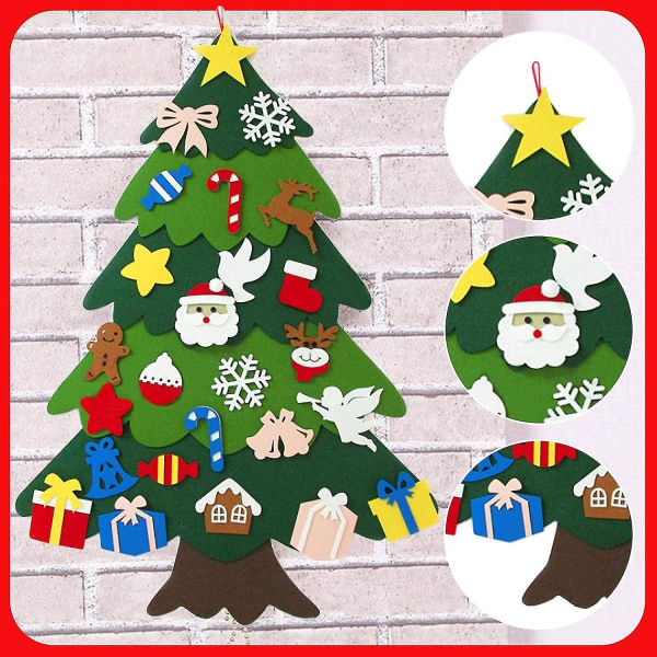 Gør-det-selv filt juletræ med 26 ornamenter til børn, aftageligt juletræshængende krog reb til børn Julegaver Vægvinduesdørdekor A