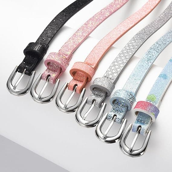 Søtt skinnende smalt tynt belte for jenter og gutter, barnemote glitter PU