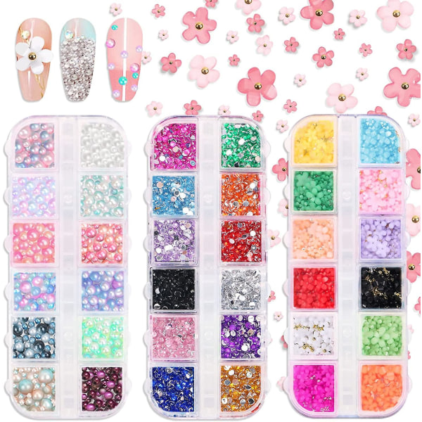 3780 stk. Nail Charms Art Rhinestones Flower Pearls Kit,neil Stickers Gems 3d Flower Rhinestones For Negle Accessories Stuff Crafts Face Makeup Tooth G