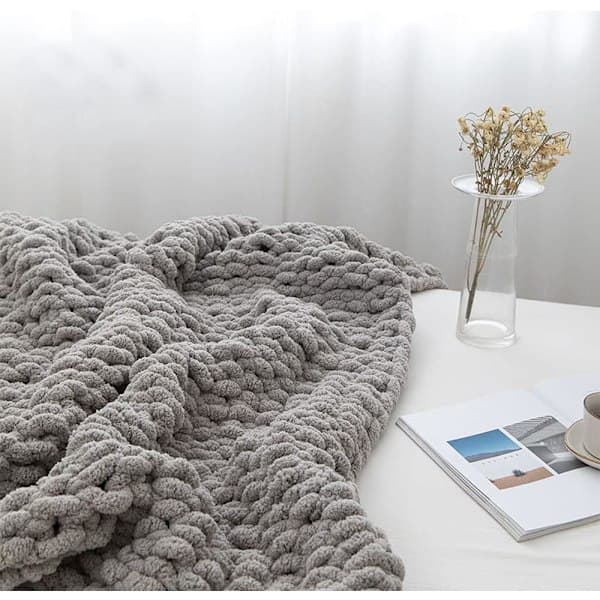 2 Stykker Chunky Strikket Chenille Garn til Håndstrikkede Tæpper, Ekstra Blødt Stort Tæppegarn (Grå)