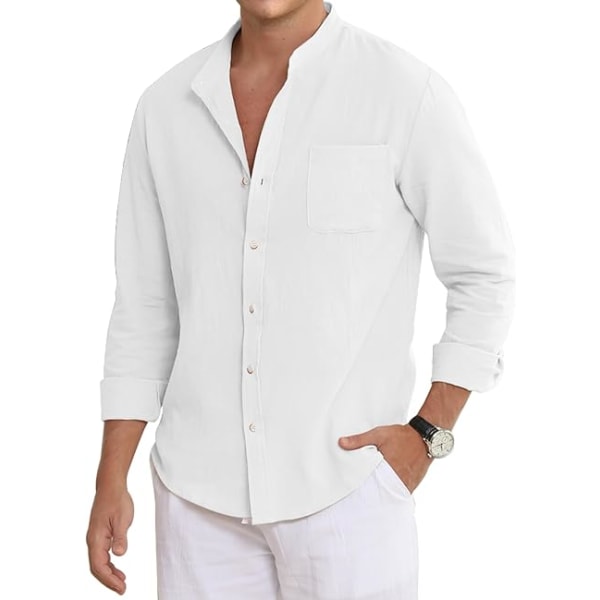Casual bomullslinneskjortor för män Långärmade Button Down-skjortor med ficka White 3XL