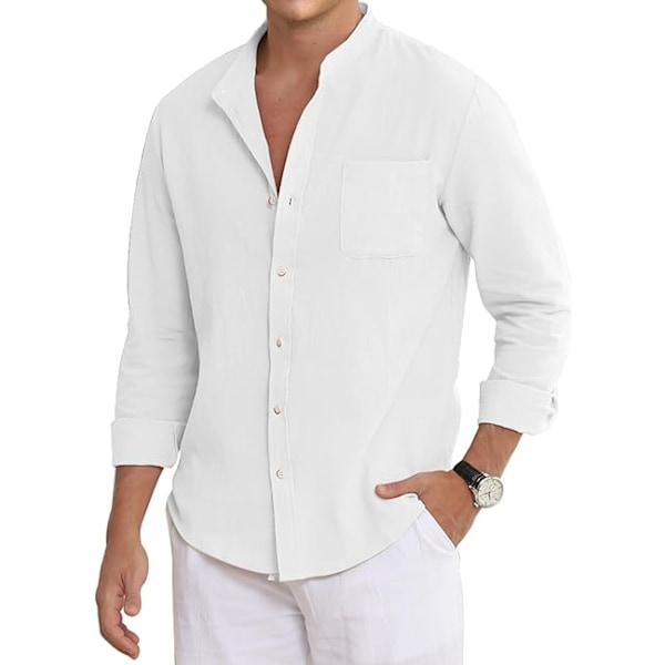 Menn Casual Bomullslin Skjorter Lang Erme Knapp Ned Skjorter med Lomme White M