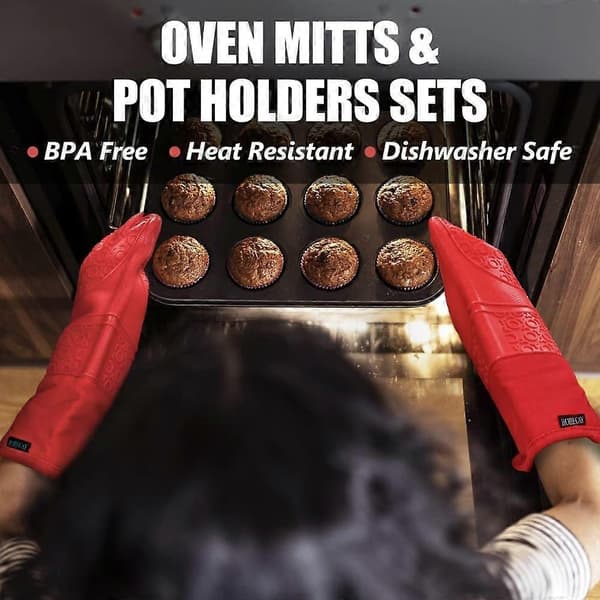 Värmebeständiga silikonugnsvantar med miniugnshandskar och grytlappar, quiltat foder, röd, 6-pack