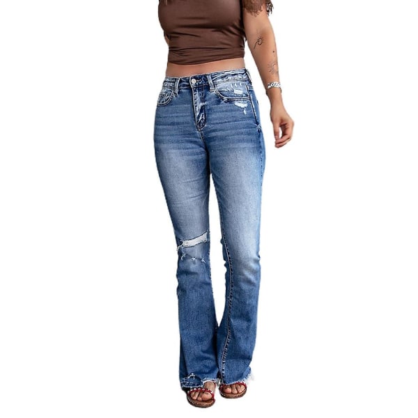 Kvinnor Ripped Jeans Bootcut långa byxor Casual Stretch Jeansbyxor Light Blue XL