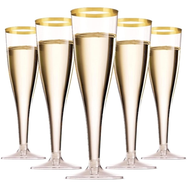 50 stk. 150 ml Champagneglass med Gullkant, Gjenbrukbare Champagneglass med Stett, Egnet for Hagebryllup, Bursdagsfest, Dusjfest (5 x 17 cm)