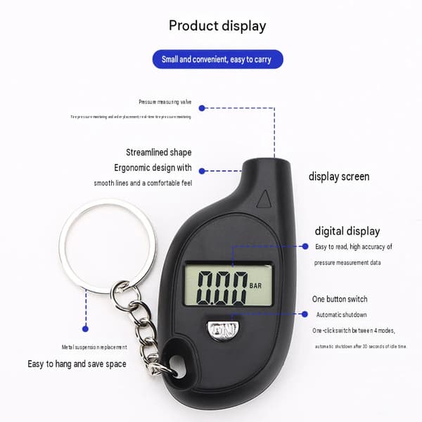 Dæktryksmåler, bildæk nøglering, digitalt display, mini, højpræcisions dæktryksmåler