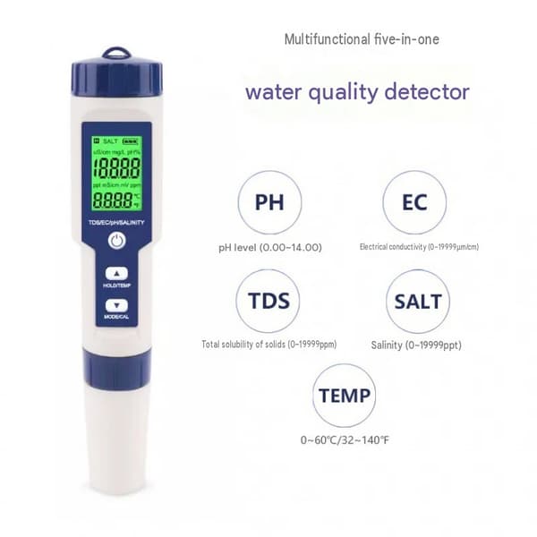 5-i-1 Vattenkvalitetsanalysator 9909 Multifunktionell Vattentestare (pH, Salthalt, TDS)