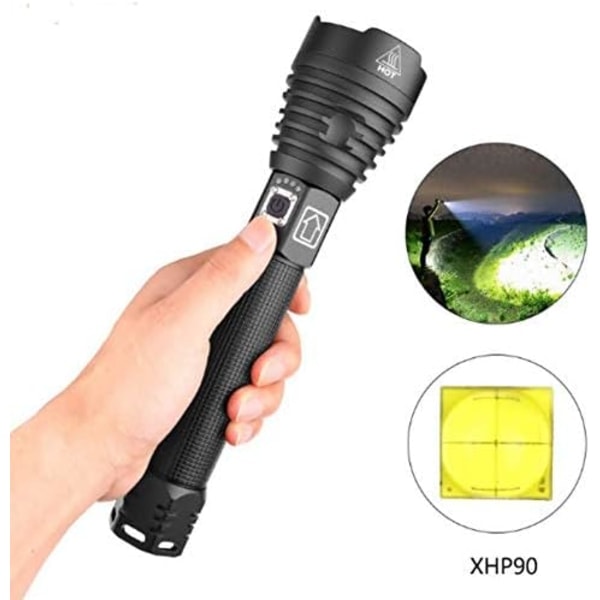 LED Ficklampa, 10000 Lumen XHP90 Super Stark Justerbar Zoom Vattentät Ficklampa, Inkluderar 2 18650 Uppladdningsbara Batterier