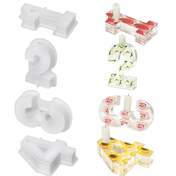 4 st 1-4 Nummerformar, DIY Silikonformar, 3D Handgjorda Ljusstakeformar, Gipsformar, Ljus