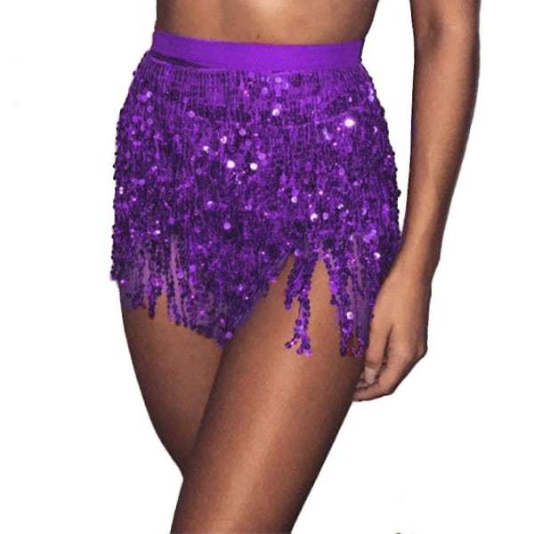Kvinnor Paljett Magdansös Kostym Tofs Wrap Skirt Club Mini Kjol Purple